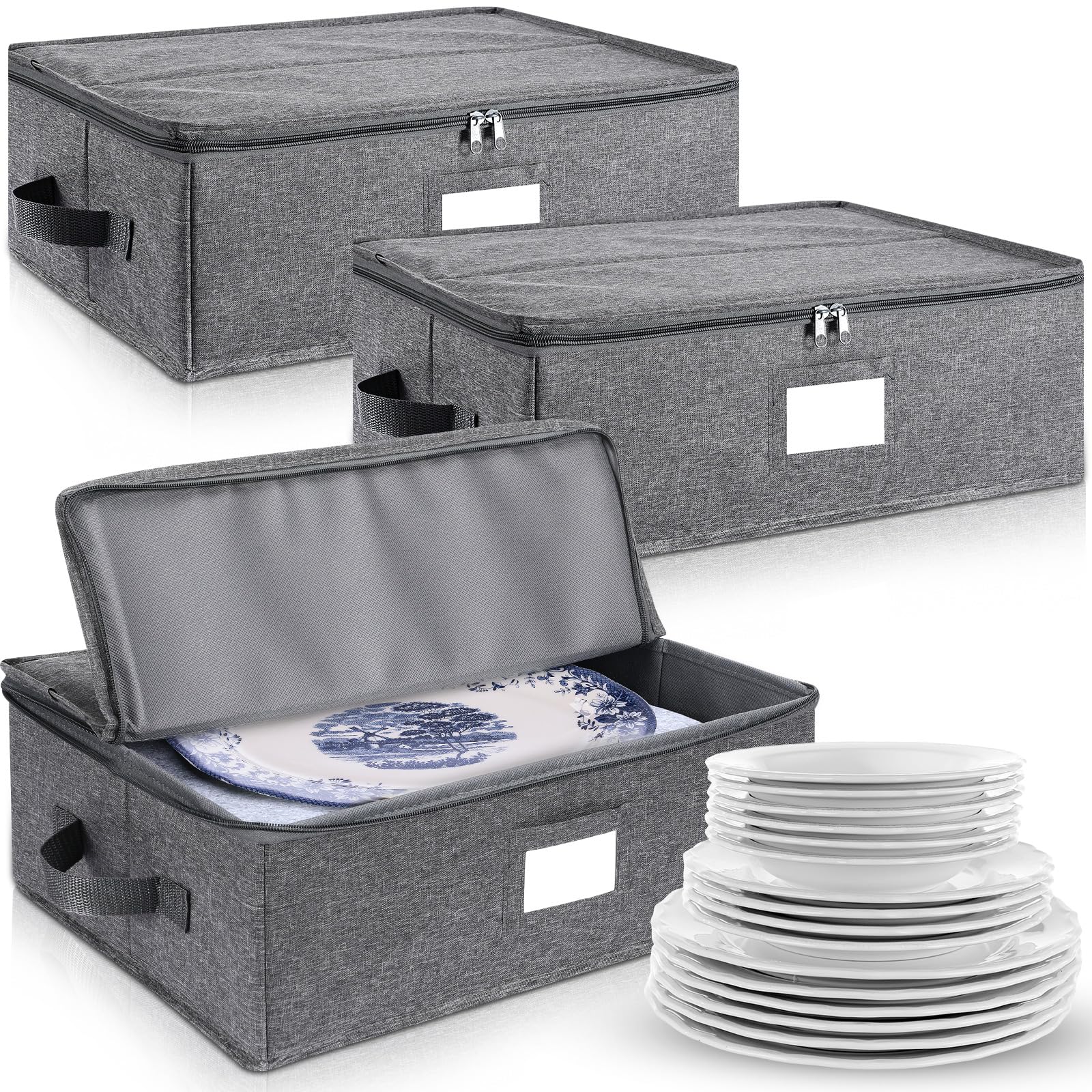 Photo 1 of Norme 3 Pcs Platter Storage Case China Storage Container Stackable China Boxes Hard Shell Case Moving Supplies, 17x13x 6 In, 15 Felt Dividers Included, Structured Top, Gray