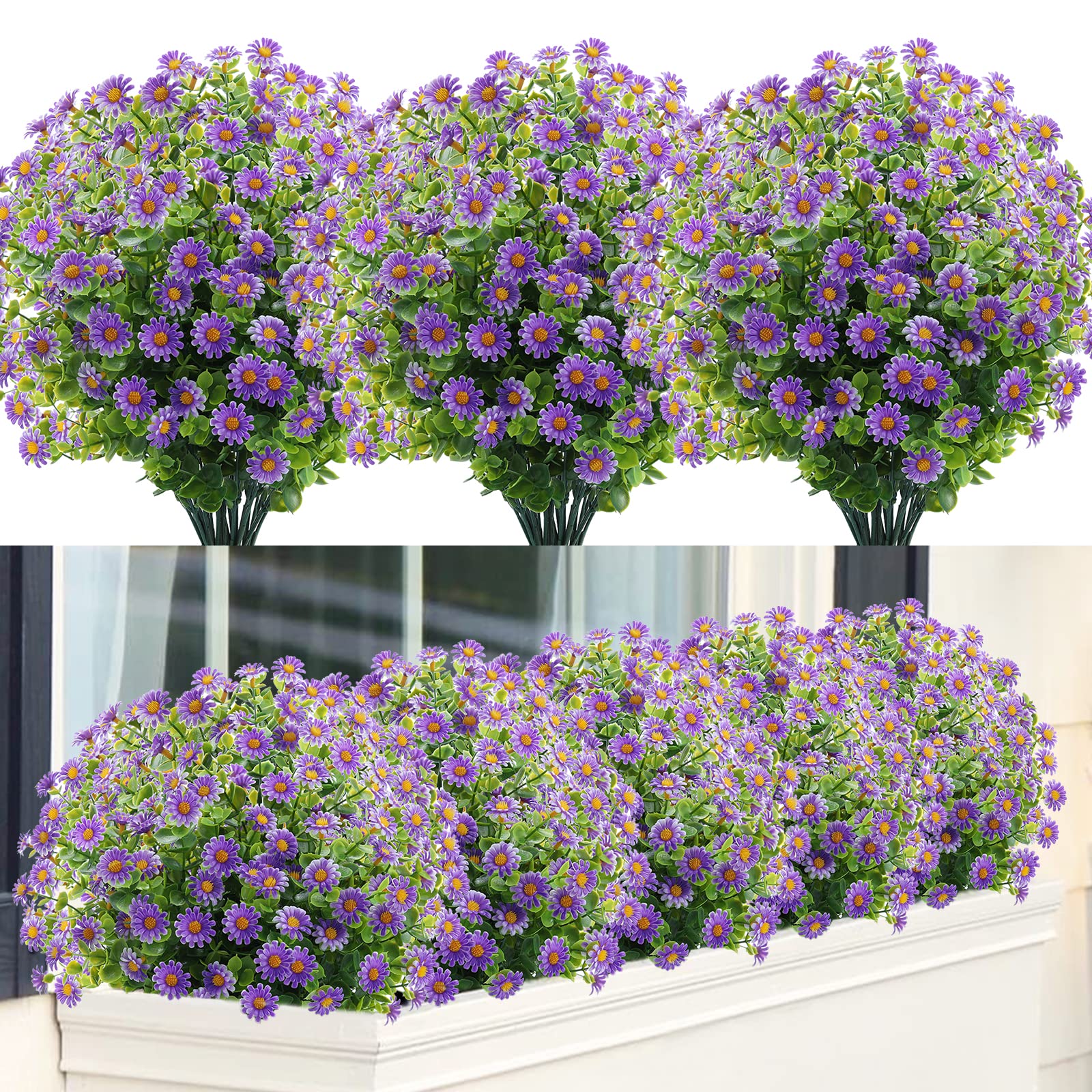GREENRAIN 6 Bundles Artificial Daisy Flowers Outdoor Fake Flowers for Decoration No Fade Faux Plastic Flower Garden Porch Window Box Décor (Purple)