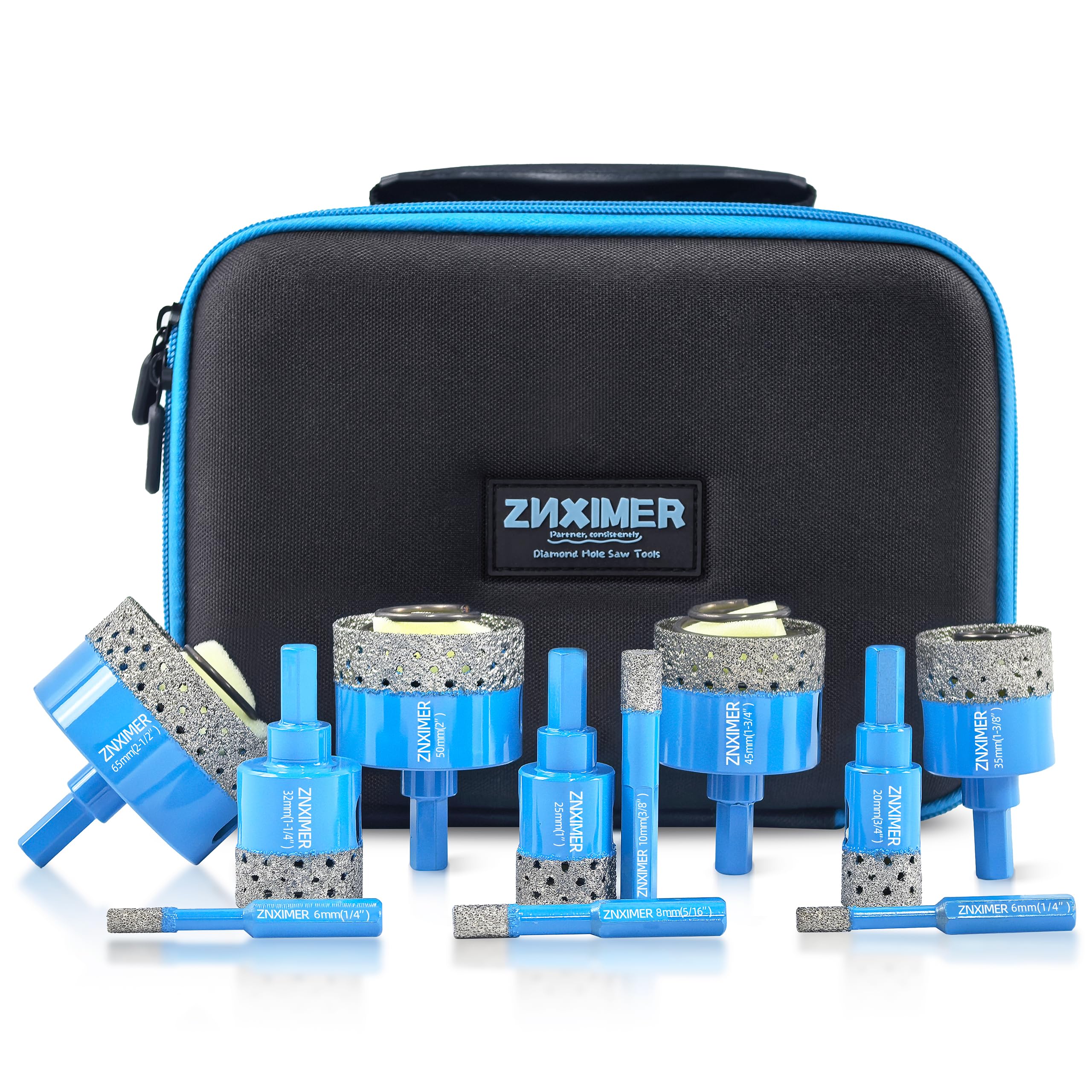 Tile Hole Cutter Set, ZNXIMER Diamond Drill Bits, 11pcs Tile Drill Bits Set 6mm-65mm for Glass, Porcelain, Ceramic, Granite, Marble, Stone and More Drilling