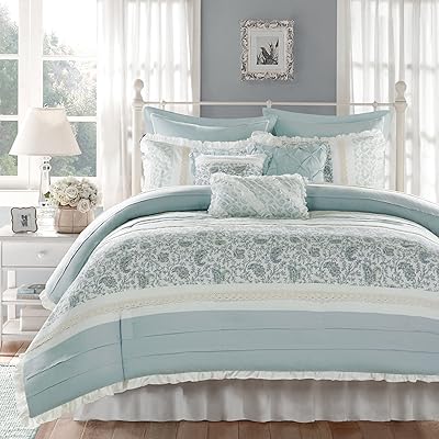 Madison Park Aqua Floral Queen Comforter Set - 9 Pieces, Shabby Chic