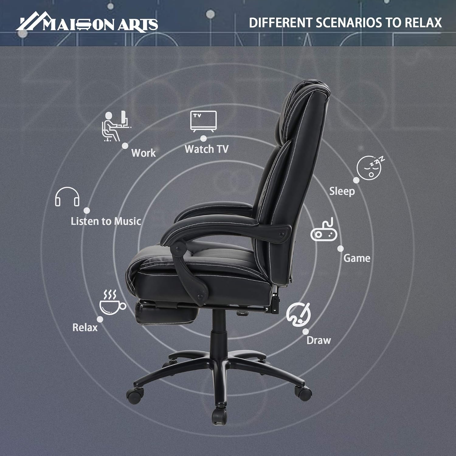MAISON ARTS Big and Tall Bonded Leather Reclining Office Chair Task Chair, 400lb High Back Executive Massage Computer Desk Chair with Retractable Footrest and Metal Base for Home Office: Kitchen & Dining