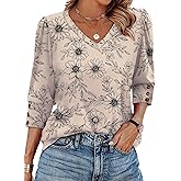 XIEERDUO Womens 3/4 Sleeve Tops with Buttons V-Neck Summer Outfits Casual Blouses Shirts Beach Vacation Fall Clothes 2025