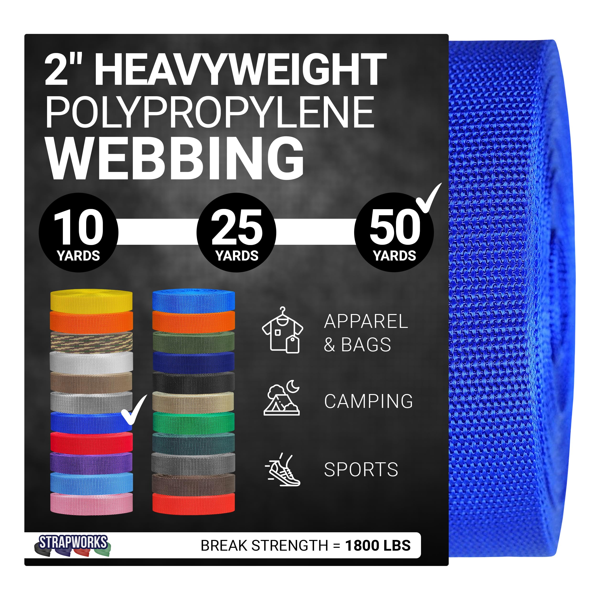 Strapworks Heavyweight Polypropylene Webbing - Heavy Duty Poly Strapping for Outdoor DIY Gear Repair, 2 Inch x 50 Yards - Royal Blue