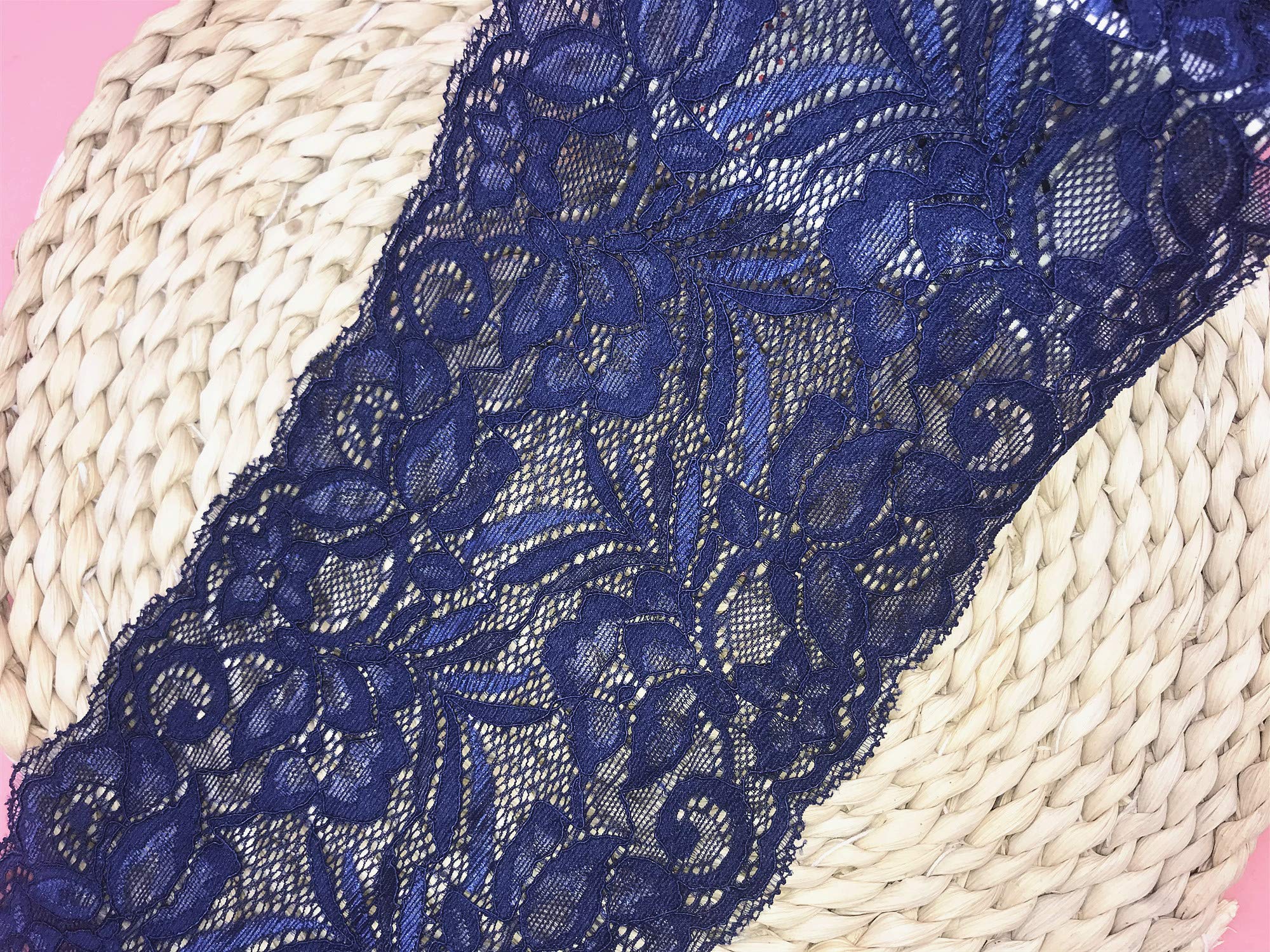 15CM Width Europe Floral Pattern Elastic Nylon Lace Trim,Curtain Tablecloth Slipcover Bridal DIY Clothing/Accessories.(4 Yards in one Package) (Navy Blue)