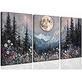 3Pcs Full Moon Forest Canvas Wall Art Moody Dark Forest Moonlit Pine Tree Mountains Wildflowers Wall Decor Wildflower Moon Poster Print Artwork for Bedroom Living Room Decoration