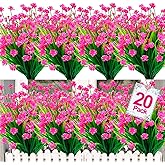 TURNMEON 20 Bundles Artificial Flowers for Outdoors, Artificial Fake Plants UV Resistant Outdoor Faux Plants Cemetery Flowers Plastic Greenery for Gardens Porch Summer Spring Decor 500 Heads(Pink)
