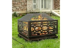 Florise Outdoor Fire Pit, 26 Inch Wood Burning Firepit for Outside with Mesh Cover & Fire Poker, Large Square Metal Fireplace for Patio, Backyard, Garden, Bonfire Party