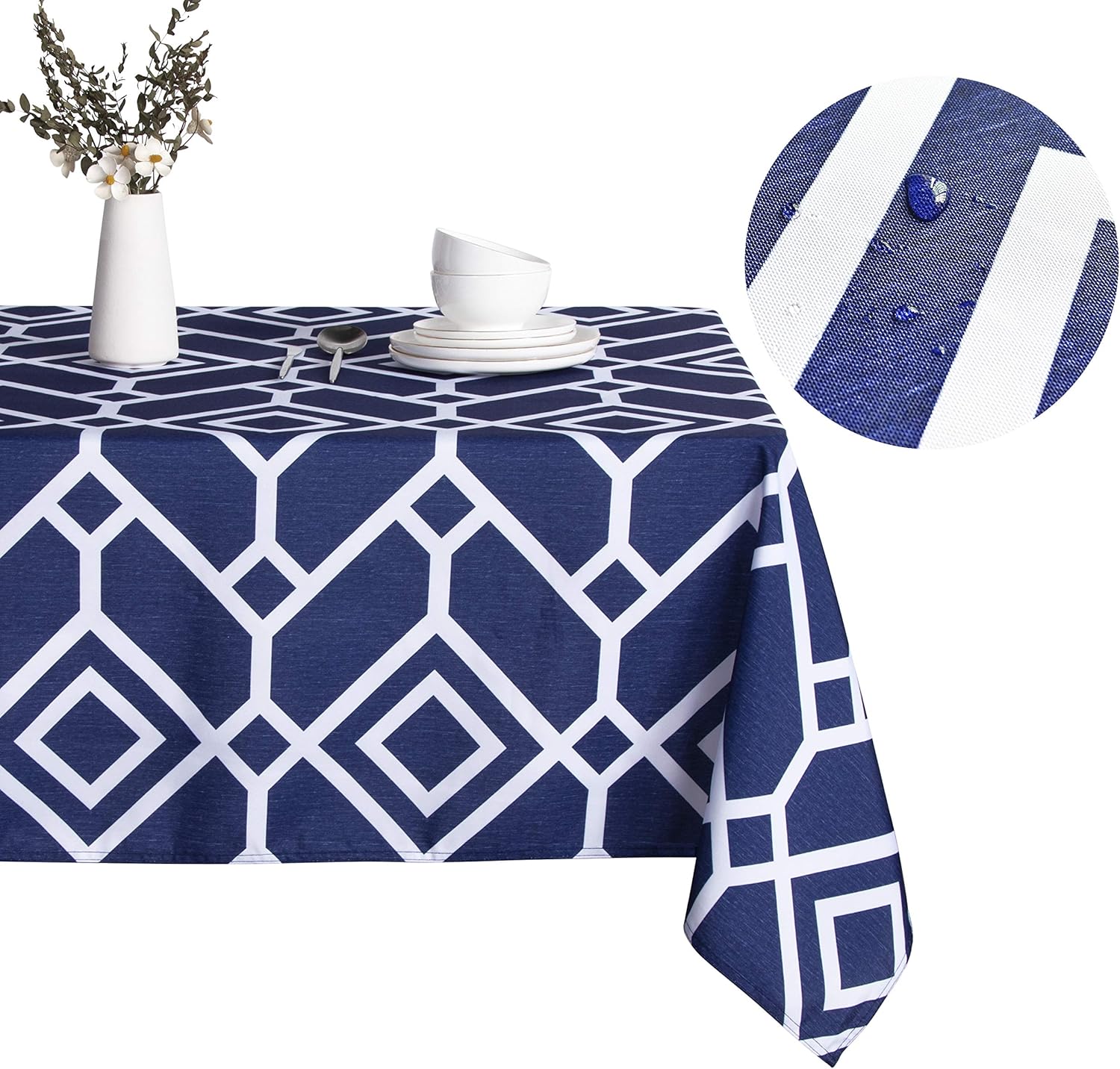 LUSHVIDA Moroccan Rectangle Table Cloth – Washable Water Resistance Microfiber Moroccan Tablecloth Decorative Table Cover for Picnic Banquet Party Kitchen Dining Room, 150 GSM (60 x 84 Inch, Navy: Kitchen & Dining