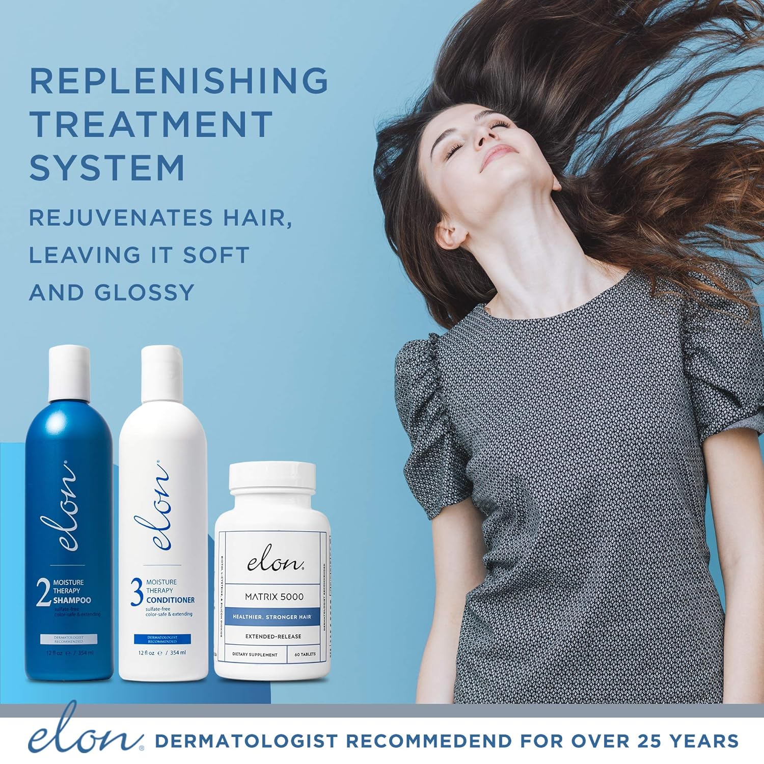 Elon Thinning Hair System - Maintenance | Dermatologist Recommended | Elon Moisture Therapy Shampoo, Elon Moisture Therapy Conditioner, Elon Matrix 5000 Hair Vitamins (60 tablets): Beauty