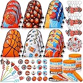 Sadnyy 140 Pcs Basketball Party Favors Birthday Party Decorations Supplies Basketball Drawstring Bags with Silicone Bracelets Keychains Straws Button Pins Stickers for Goodie Bags Stuffers