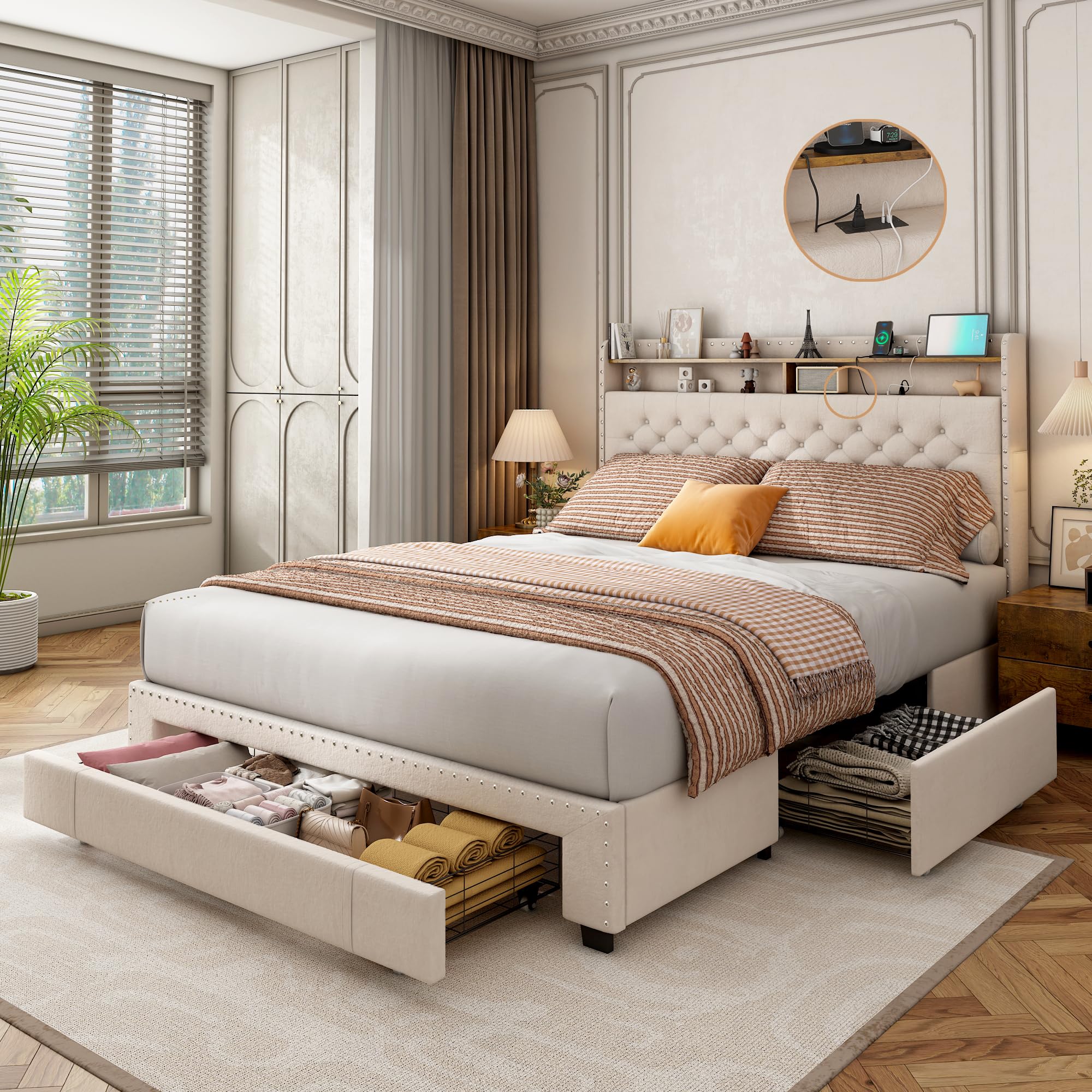 Photo 1 of **Only Box 1 of 3**

Queen Size Bed Frame with Storage Drawers and Charging Station, Upholstered Platform Bed Frame, 2-Tier Storage Headboard, Wood Slats 

(Espresso + Grey Cushion) -- Actual color differs from main picture**