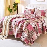 Cmfshape Romantic Patchwork Quilt Set Queen Size,Reversible Bedspread Coverlet 3-Piece,Floral Bed Cover Set with Pillow Shams,Lightweight Microfiber Bedding Set for All Season (Hot Pink,90x90)