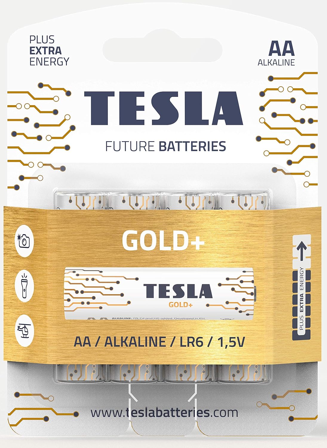 TESLA BATTERIES GOLD+ AA Maximum Power Alkaline Batteries, 10+ Year Shelf Life, A Long-lasting Battery Life, Leak-free, LR06