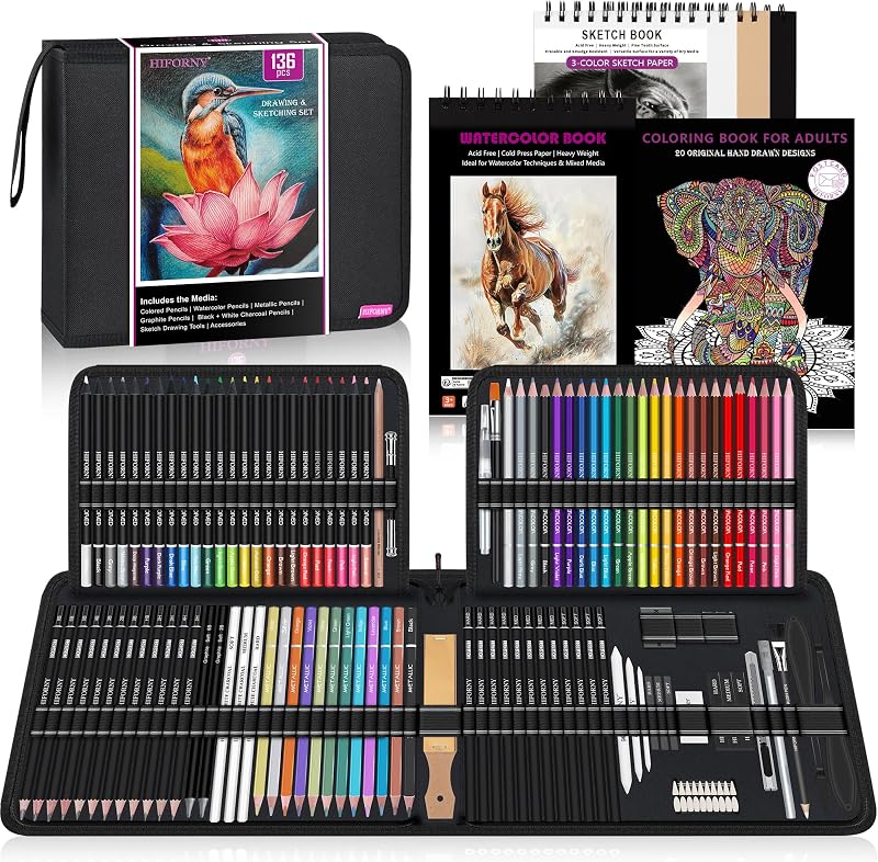 HIFORNY 136 Pcs Drawing Set Pro Art Supplies Pencils Sketchbook Case Black