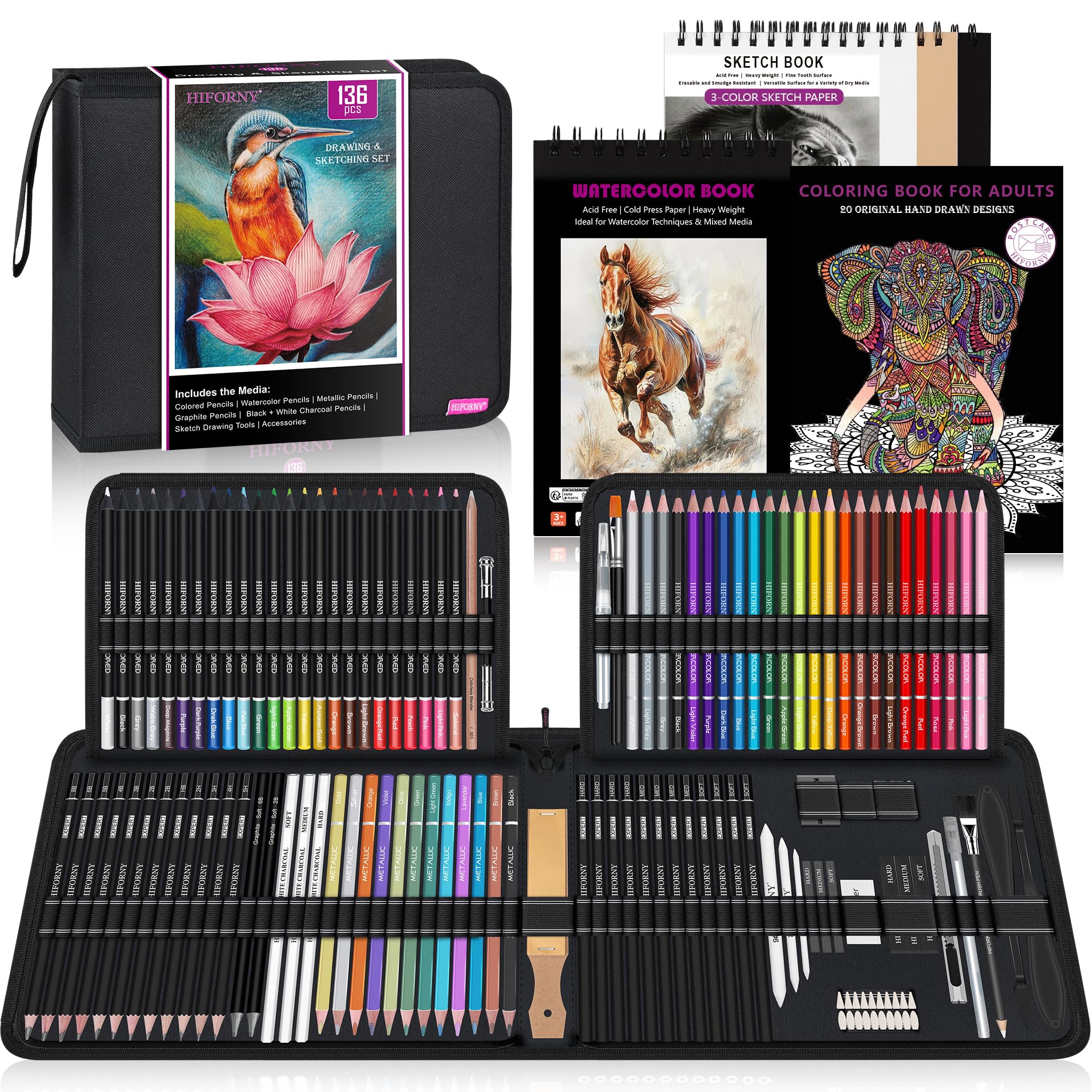 HIFORNY 136 PCS Drawing & Sketching Set,Art Supplies with Graphite,Charcoal,Colored,Watercolor,Metallic Pencils,Blending Tools,Sketchbook,Watercolor Book and Coloring Book (Black)