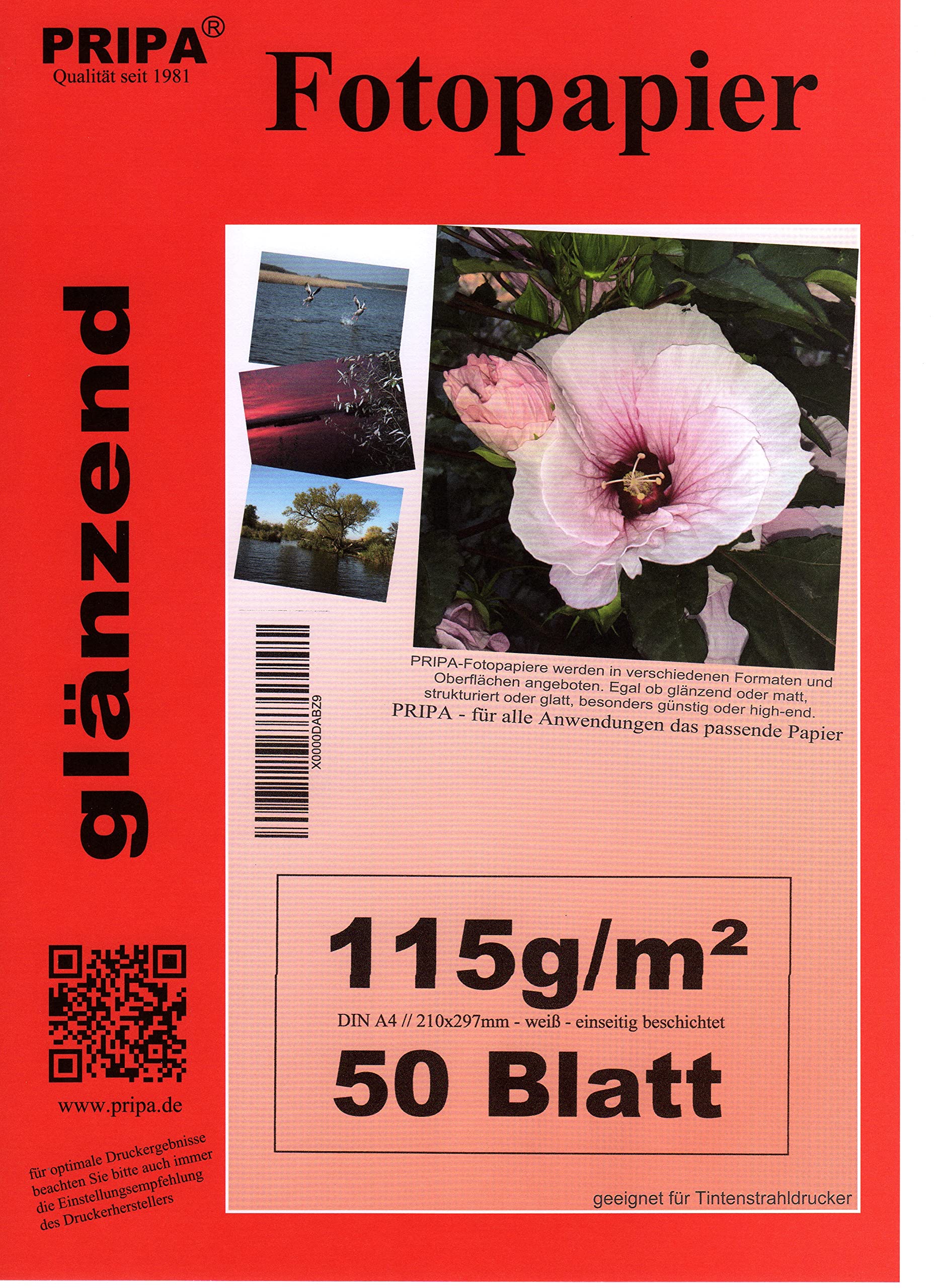 pripa 50 hojas de papel fotográfico DIN A4 115 G/qm-glossy (glossy) secado instantáneo y resistente al agua - brillant blanco alto brillo de colour, para impresoras de inyección de tinta