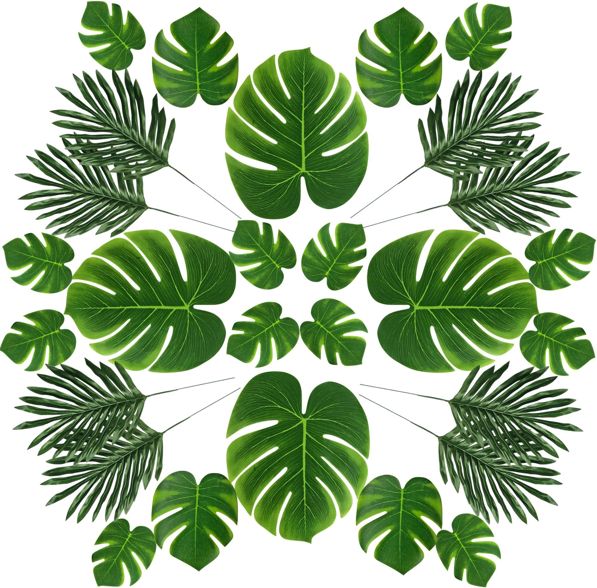 LEAFBABY 48 PCS 2 Kinds 4 Sizes Artificial Fake Lifelike Simulation Tropical Palm Leaves for Home Kitchen Party Decorations