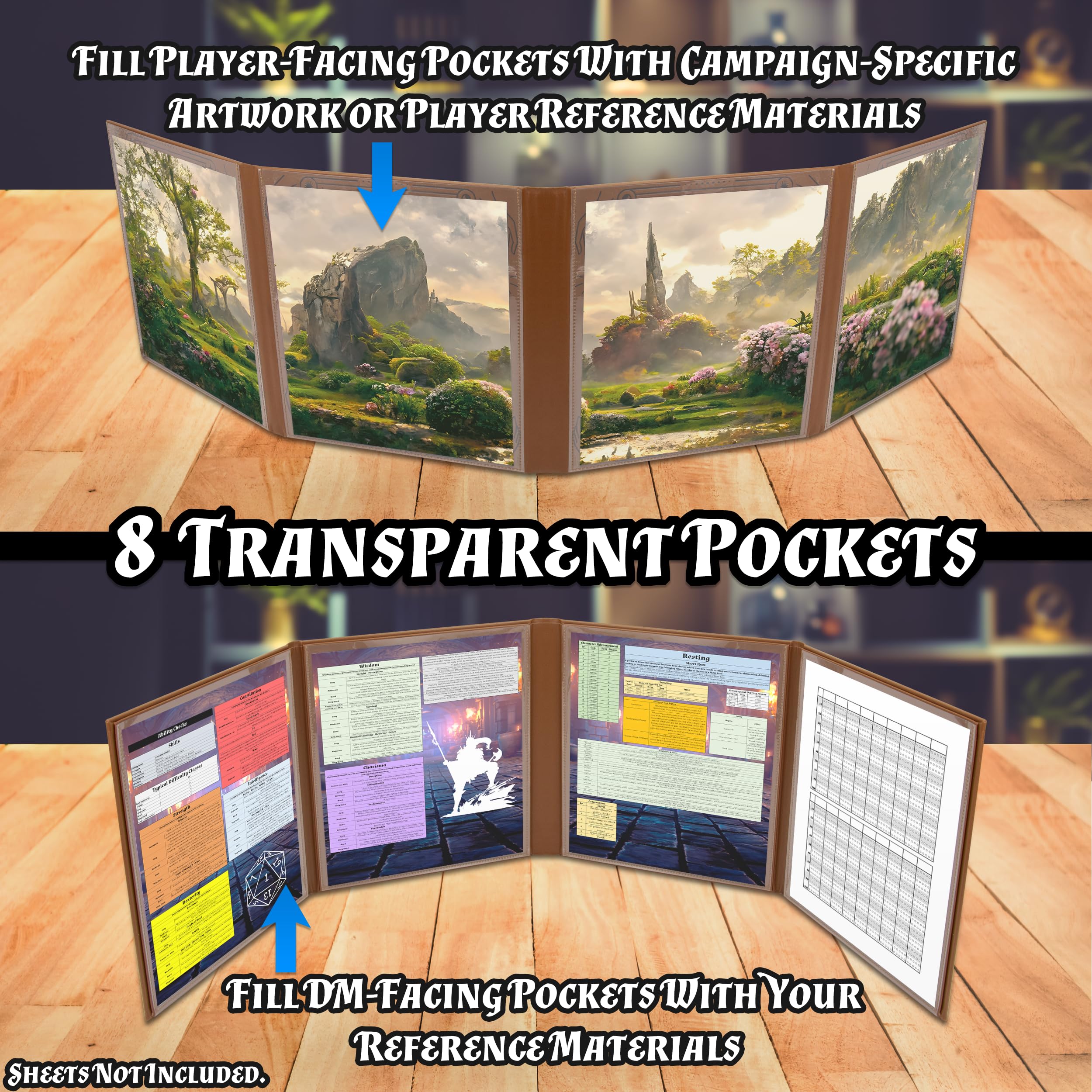 CASEMATIX DM Screen Faux Leather Double-Sided Customizable GM Screen - 8-Pocket Folding Dungeon Master Screen with Outward-Facing Windows for Artwork and Reference Sheets, Inserts Not Included