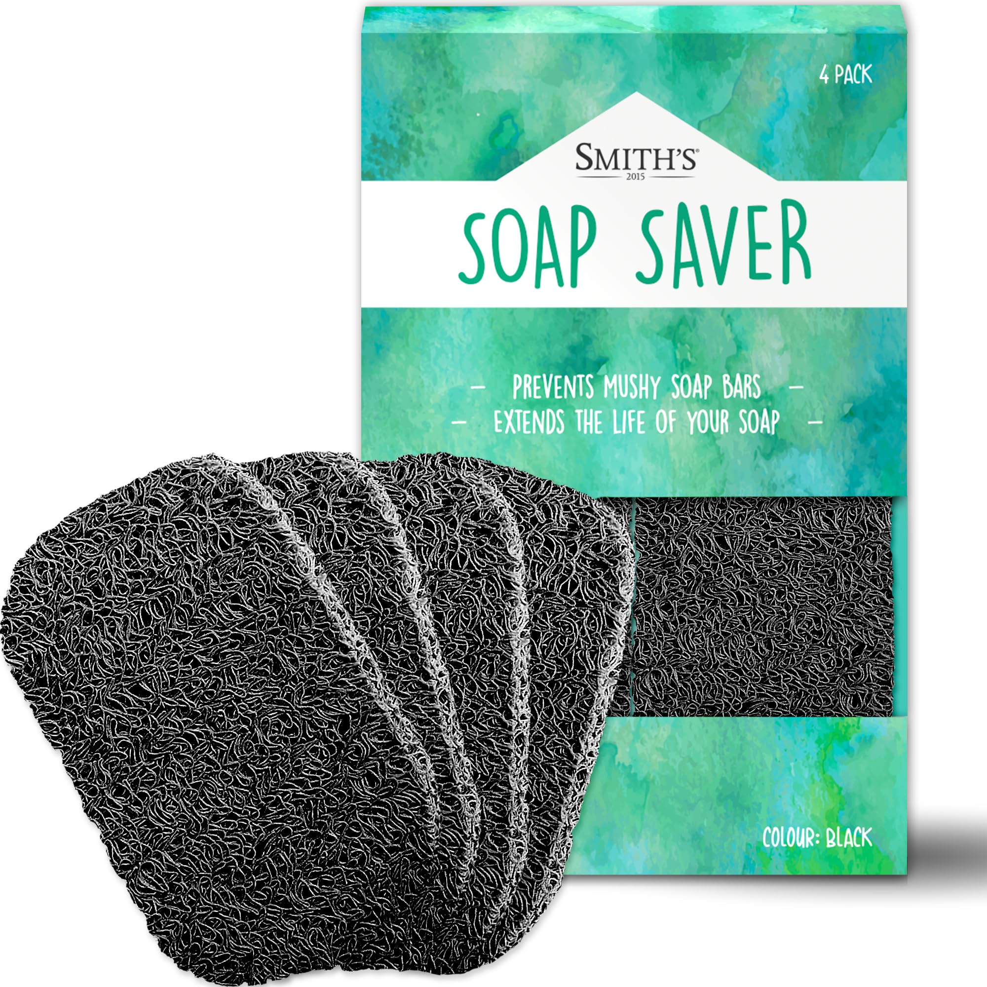 Soap Saver by Smith’s® | Extend Your Soap’s Life | 14 cm (L) x 8 cm (W) x 1.2 cm (H) | Black / 4 Pack | 50% Thicker | Enhanced Design | Tested And Free of Harsh Chemicals | Trim To Any Size