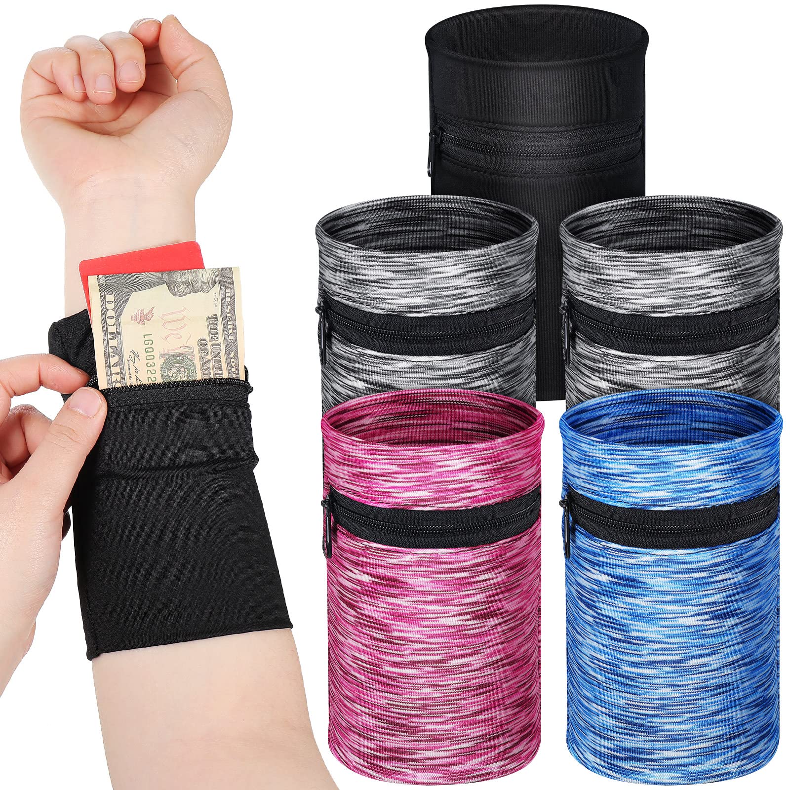 Photo 1 of Honoson 5 Pcs Wrist Wallet for Women Men, Wrist Pouch Purse with Zipper for Running Armband Wristband Sweatband Wallet for Phone Running Walking Hiking Jogging Travel Events Keys Cash Napkin