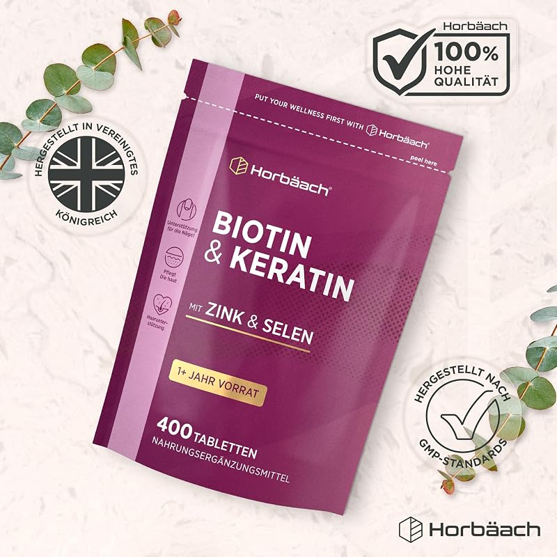Biotin Keratin Tabletten für Haare mit Zink & Selen - +1 Jahr Vorrat