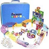 PicassoTiles 131PC Magnetic Tiles, Marble Run, Race Track Building Toy Set | 2 Vehicles, Maze, Reusable Stickers, Traffic Accessories, Large Storage Carry Case, STEM Educational Learning Kids Ages 3+