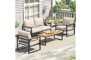 COMLAX FIELD Patio Furniture Set, 4 Pieces Outdoor Patio Furniture with Coffee Table Set, Metal Patio Conversation Sets with Washable and High-Resiliency Sponge Cushions, Upgarded Beige