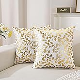 TAOSON Pack of 2,Gold Pillow Covers Velvet Cozy Soft Gold Stamping Small Leaves Bronzing Decorative Throw Pillow Cases Cushion Covers Shells for Sofa Couch Bed Home Decoration 18 x 18 Inches White