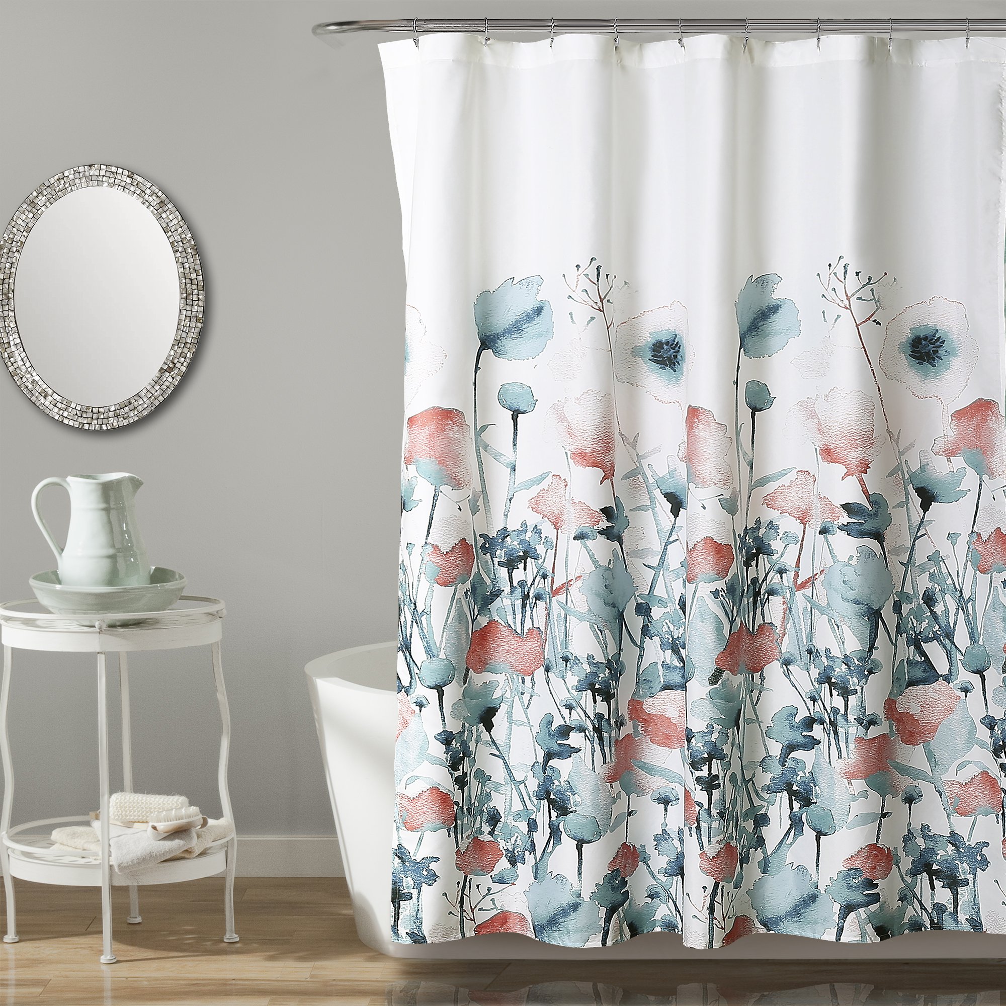 Lush Decor Zuri Flora Shower Curtain - Fabric Watercolor Floral Print Design, 72” x 72”, Blue and Coral