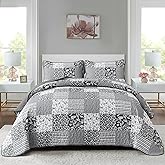 Mybedsoul Black Grey Boho Quilt Set King Size,3 Pieces Plaid Floral Bedspread Coverlet Set for All Season,Patchwork Reversible Bedding Set King 90"x104"