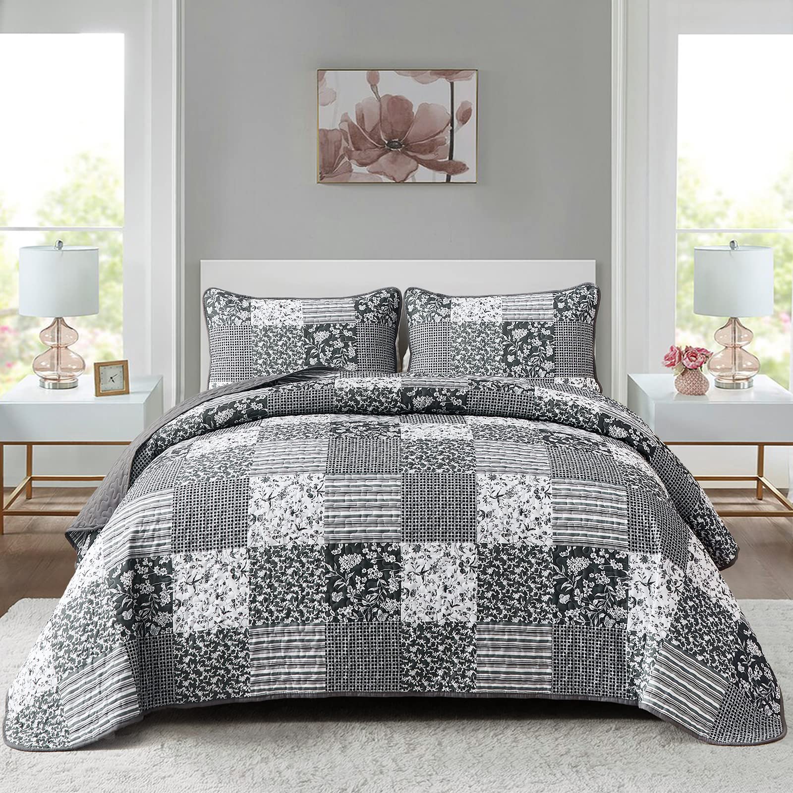 Photo 1 of Mybedsoul Black Grey Boho Quilt Set California King Size,3 Pieces Plaid Floral Bedspread Coverlet Set for All Season,Patchwork Reversible Bedding Set 106"x 96"