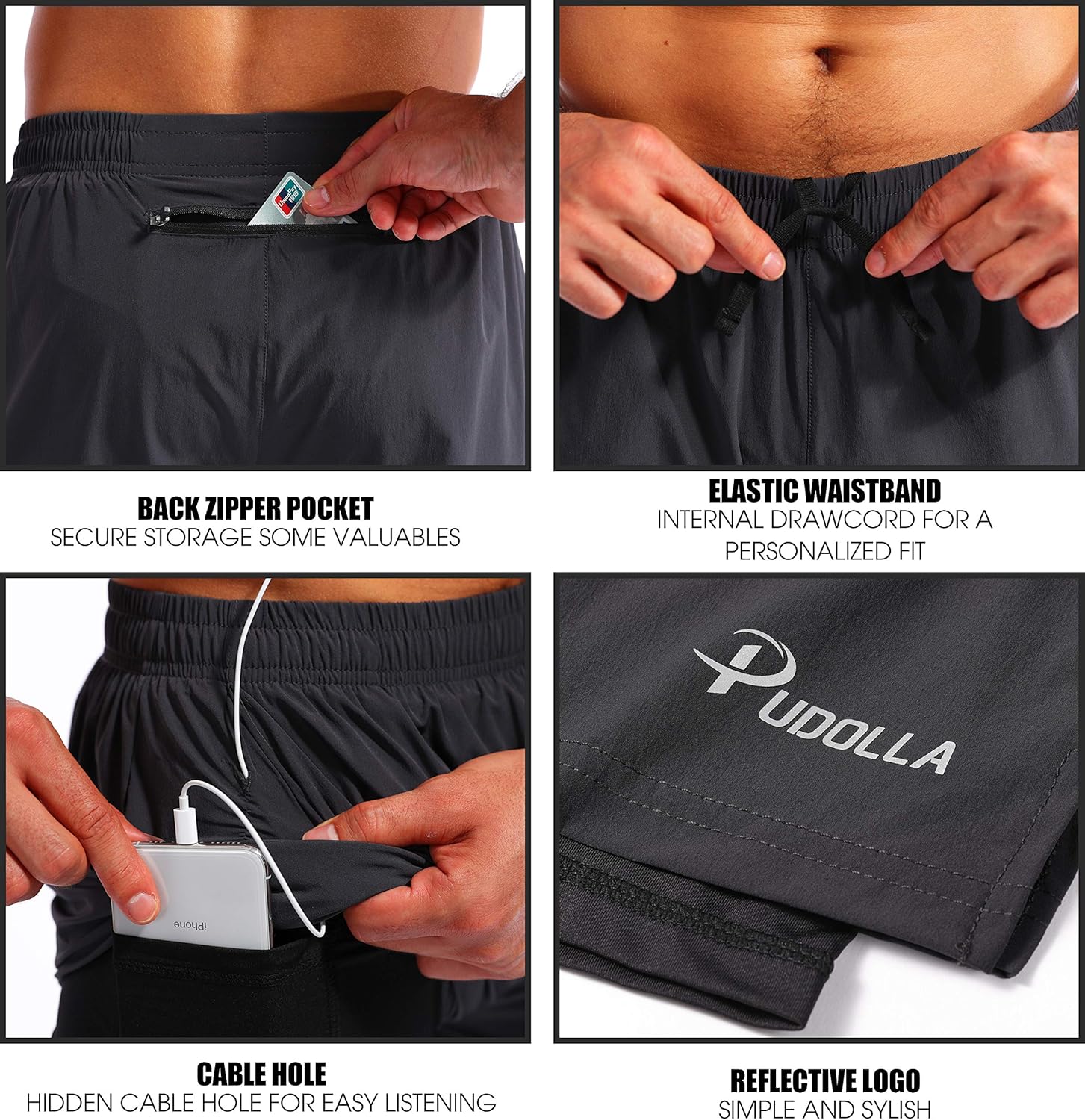 Pudolla Men’s 2 in 1 Running Shorts 7" Quick Dry Gym Athletic Workout Shorts for Men with Phone Pockets: Clothing