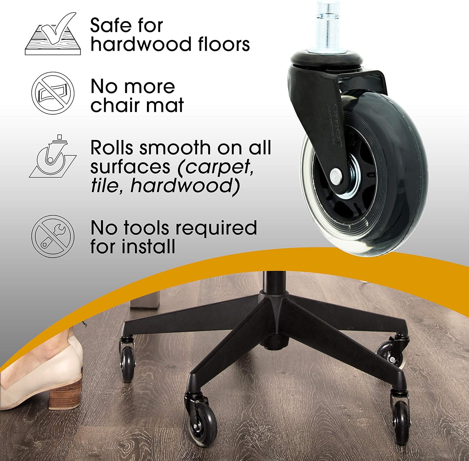 (Set of 5) Office Addiction - Office Chair Replacement Wheels - Hardwood Safe 3-Inch Heavy Duty Replacements - Ball Bearing Swivels - Floor Safe Design - Black/Clear : Office Products