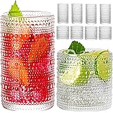 wookgreat Hobnail Drinking Glasses, 8 pcs Embossed Designed Glass Cups-4 Highball Glasses 12oz & 4 Rocks Glasses 12oz, Mojito Cups, Mixed Drink Cocktail Glass, Bar Glassware for Cocktail, Whiskey