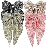 HLTOO 4PCS Floral Big Ribbon Hair Bows, Oversized Long-tail Hair Clips, Large Hair Barrettes, for Women and Girls Hair Styling Accessories, Black, Red, Green, Purple