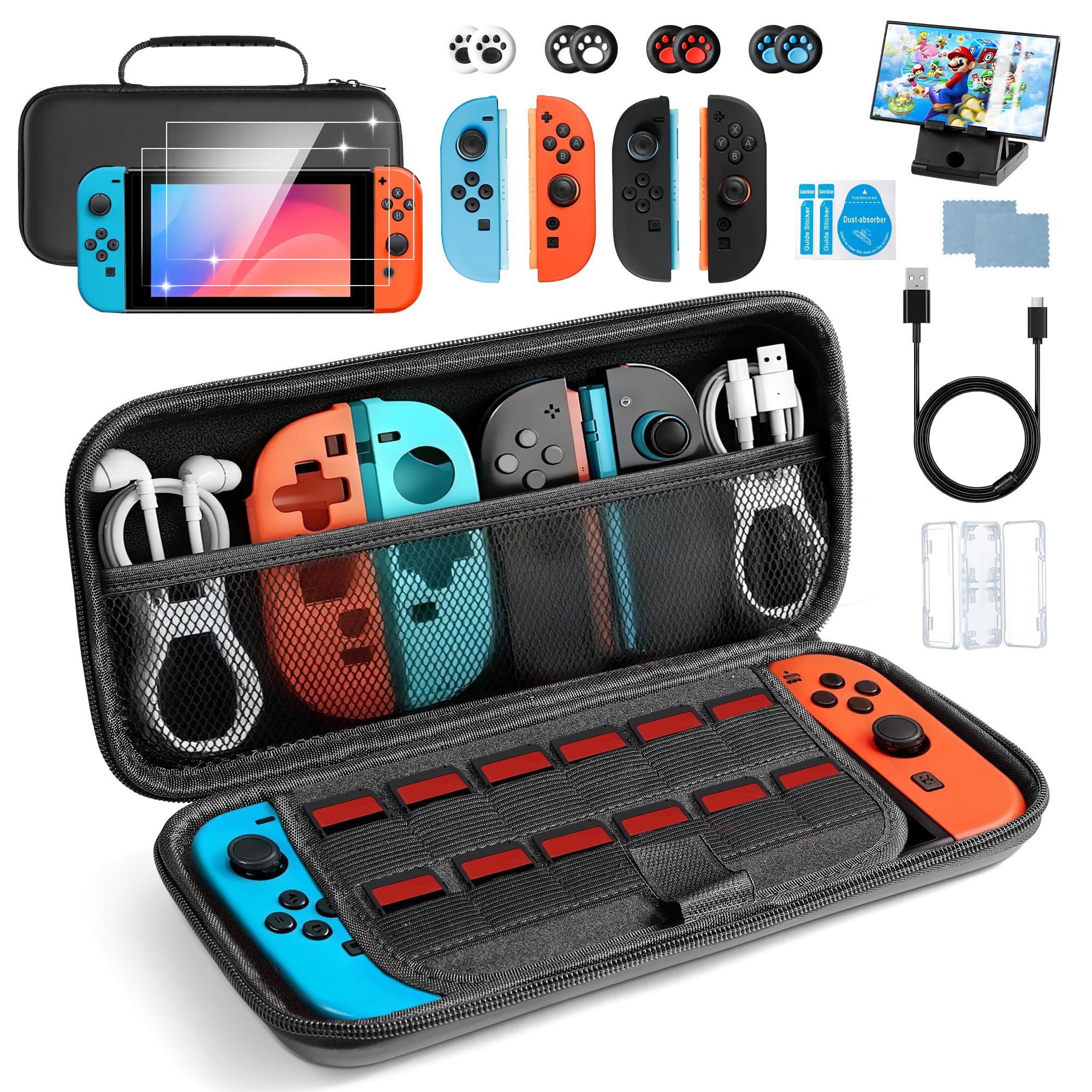 Nineshi Nintendo Switch 2 Carrying Case, Nintendo Switch 2 Accessories with Screen Protector, Holder, Joy-Con Case, Card Box, Joystick Caps, Card Box