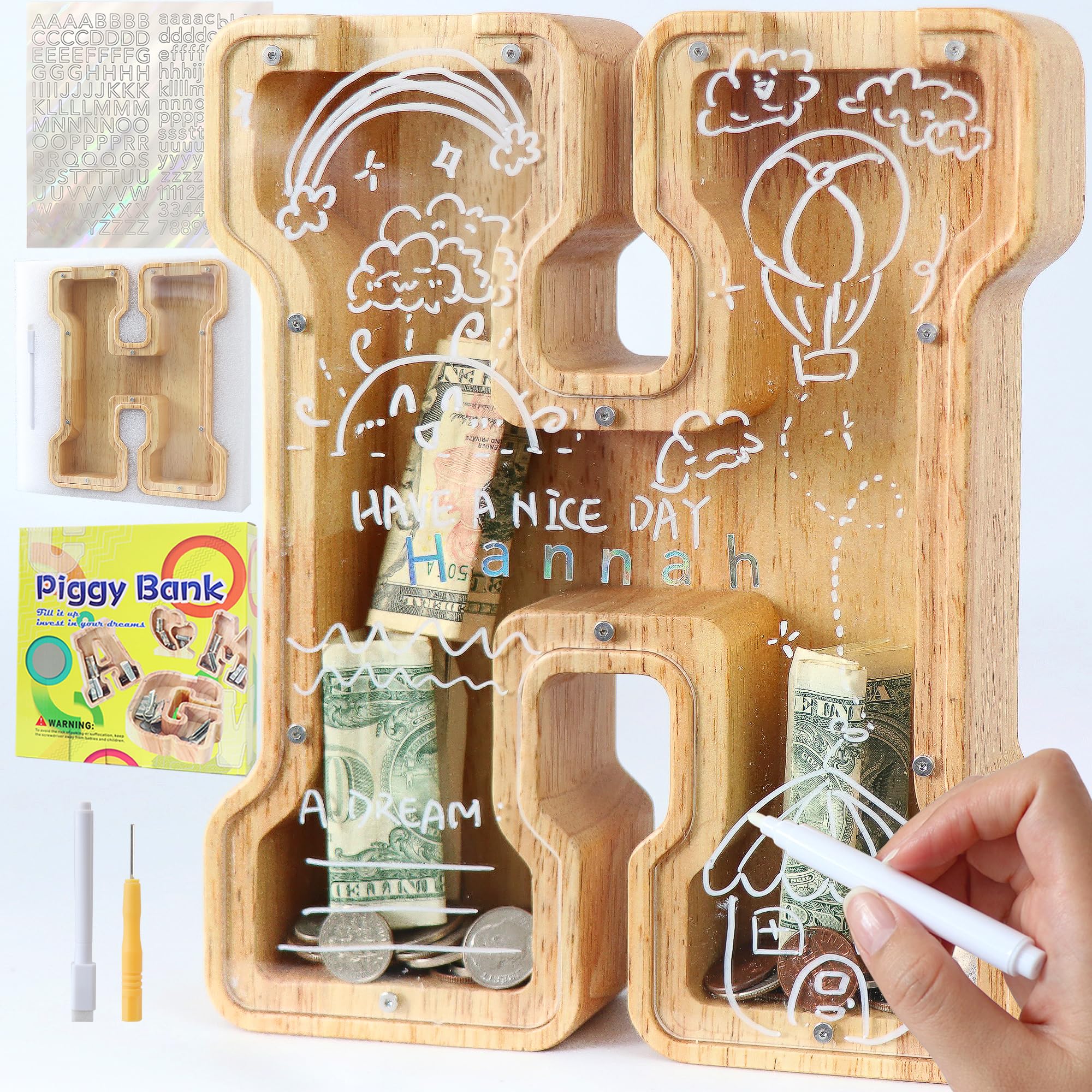 Mikytoper Letter Money Box for Kids Large Wooden Personalized A-Z Piggy Bank Clear Alphabet Money Bank Coin Bank for Gift Decoration Baptism (H)