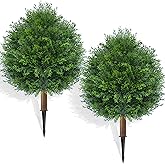27.5" Artificial Cedar Topiary Tree with Ground Spike, Set of 2 Artificial Cypress Trees Faux Shrubs, UV Resistant Artificial Outdoor Shrubs Plants for Porch Garden Front Porch Decor