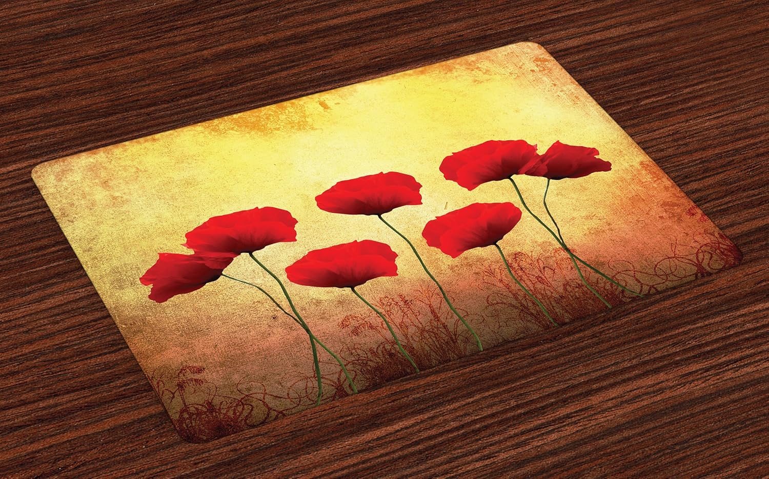 Ambesonne Poppy Place Mats Set of 4, Poppies on Old Aged Retro Featured Backdrop Design Past Days Drama Petals, Washable Fabric Placemats for Dining Table, Standard Size, Yellow Scarlet