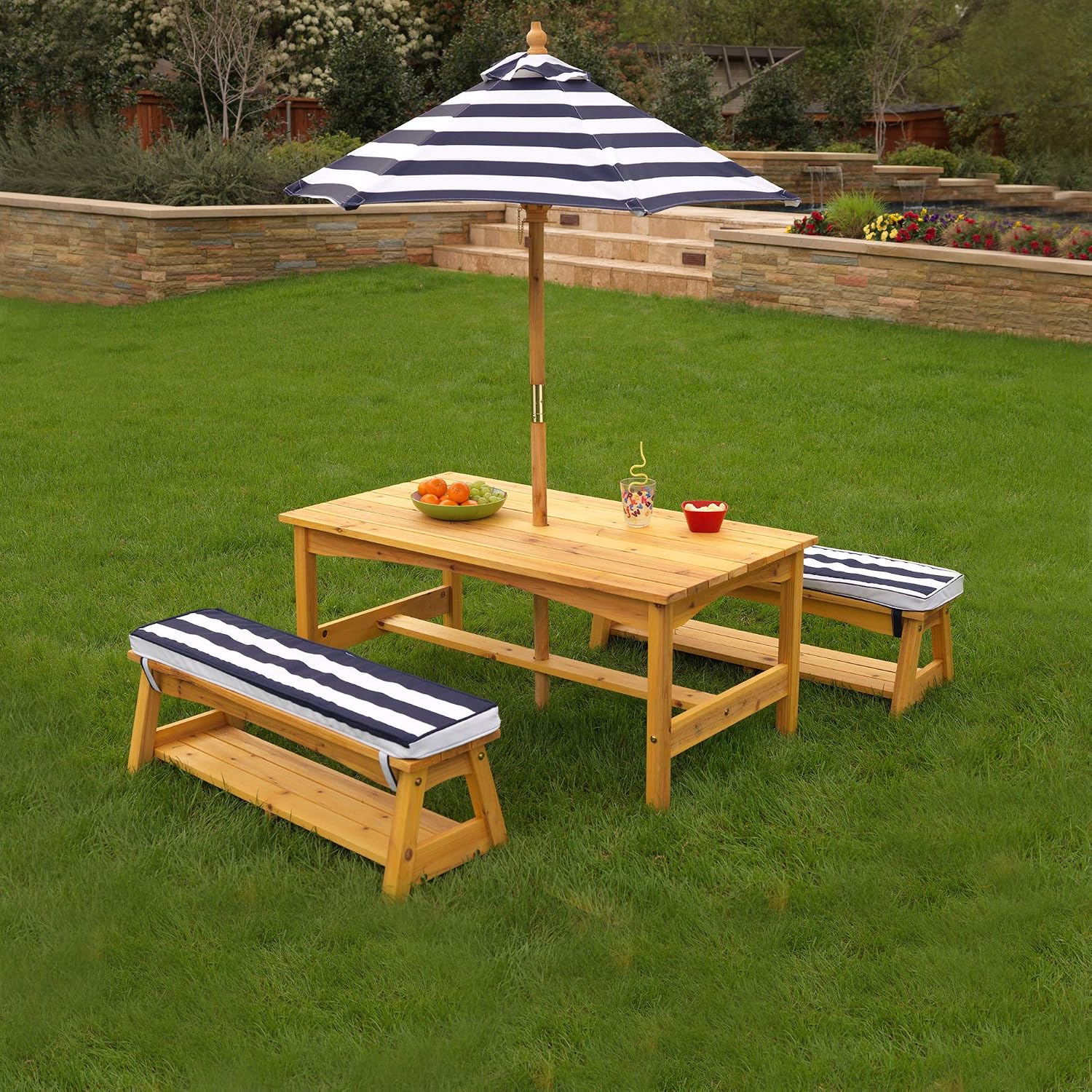 KidKraft Wooden Garden Table and Bench set for Kids with Cushions and Parasol Outdoor Garden Furniture for Children Navy and White Stripes - Image 4