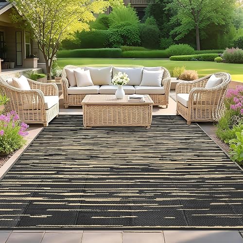 SHACOS Outdoor Rugs for Patios Waterproof 150 x 240 cm Large Garden Rug Reversible Plastic Straw Rug UV Resistant Easy Cleaning Outdoor Camping Mat for RV, Backyard, Picnic, Balcony, Deck, Black