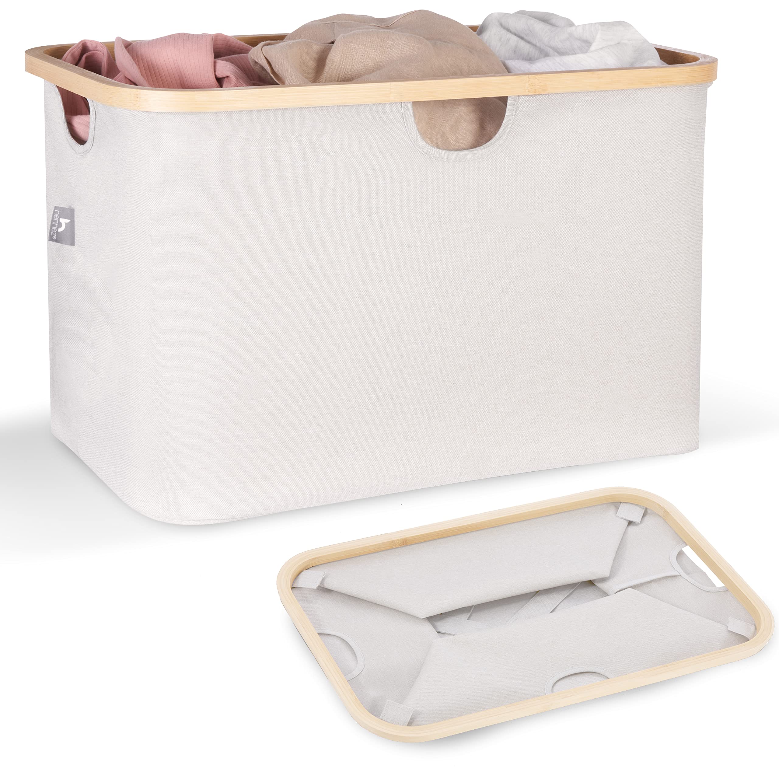 HENNEZ Foldable Laundry Basket 60L Light Grey - Fabric Basket with Bamboo Edge - Collapsible