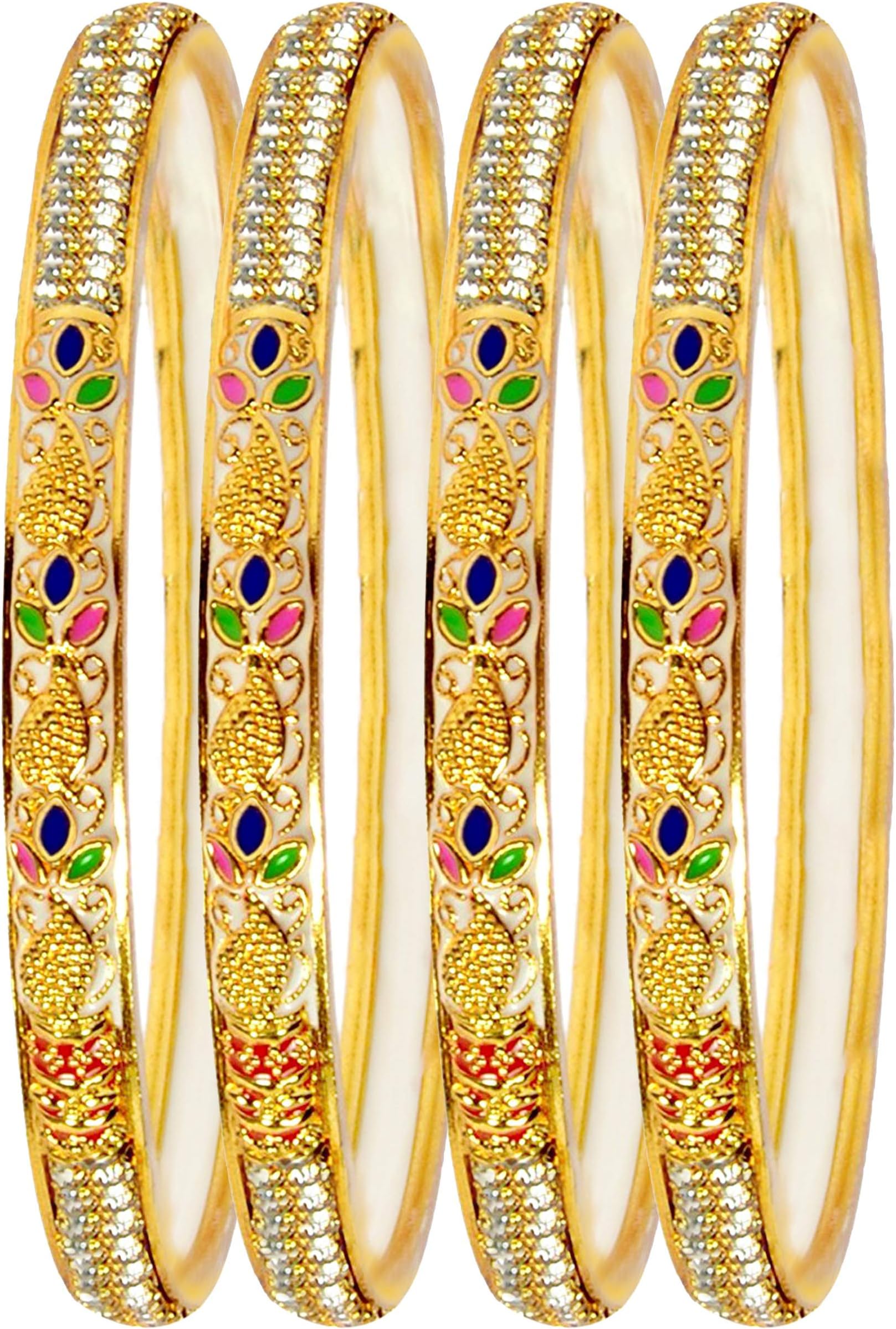 Mansiyaorange Traditional Party One Gram Gold Style Hand Made Meena Multi Colored Golden Bangles Set for Women