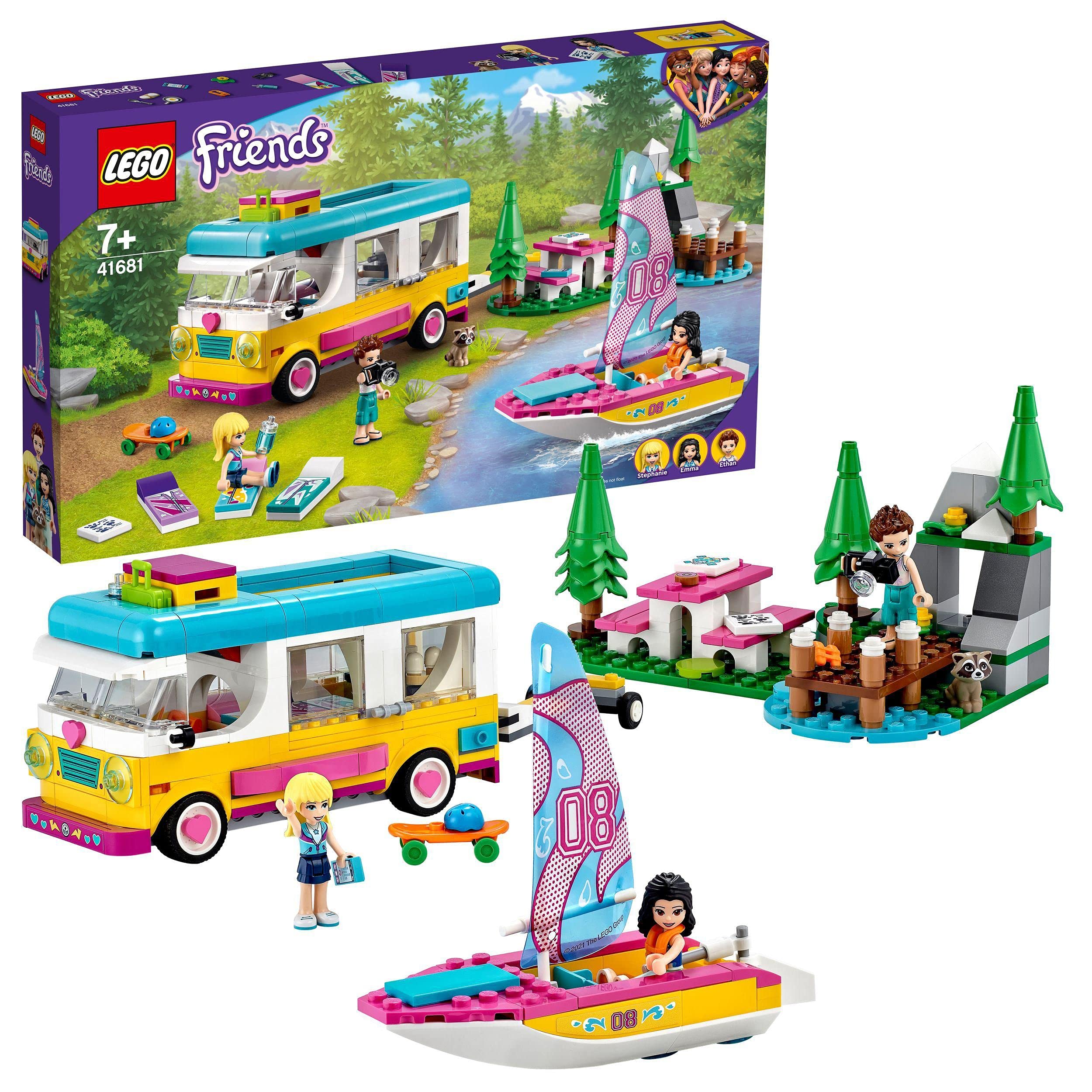 LEGO 41681 Friends Le camping-car et le voilier de la foret Jeu d'aventure avec Jouet Bateau et Figurine Raton-Laveur
