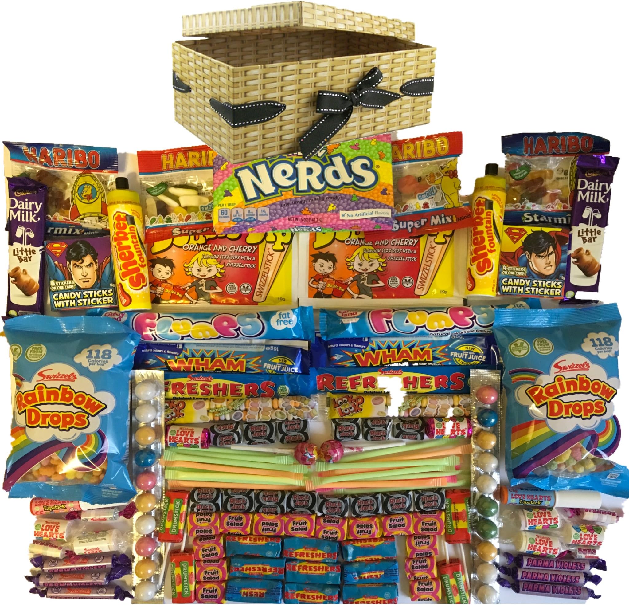 Wonka usa Nerds Retro Hamper Box of Sweets candy & uk retro sweets includes flumps black jacks rethresher lollies Chupa chups candy sticks haribo bags rainbow straws violets Sitwell matlow and lots more birthdays Xmas present