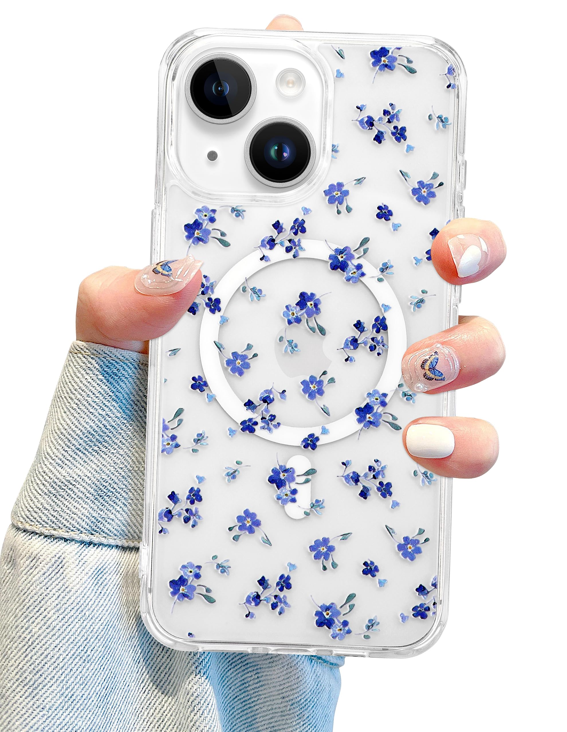 Jusy Magnetic Cute Flower Case for iPhone 15 Plus, Cute Aesthetic White Floral Pattern Phone Case Compatible with Magsafe, Soft TPU Protective Phone Cover for Women Girls - Blue Flower