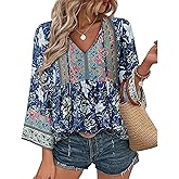 Unixseque Summer Boho Womens Tops Floral Print Dressy Casual V-Neck Tie Front Trendy Fall 3/4 Sleeve Blouses