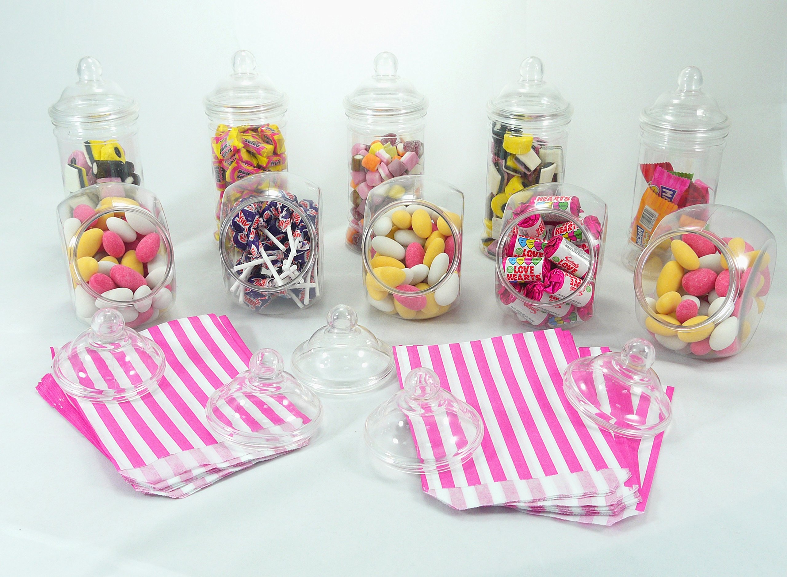 Britten & James Sweet Shop Party Pack of 10 clear plastic jars with Victorian Style screw top lids and 100 FREE bags. Ideal for wedding tables, parties, birthdays, anniversaries, Christmas