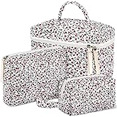 Paterr Makeup Bag Set 3 Pcs Large Quilted Cotton Make up Bags for Women Cosmetic Travel Toiletry Organizer Pouch Cute Aesthetic Storage Purse(Red,Red Floral)