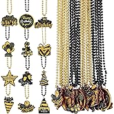 Ecally 24 Pcs Black and Gold Birthday Party Decorations Beaded Necklaces Bulk 12 Styles Happy Birthday Sign Necklaces Black Gold Beaded for Party Supplies Accessories